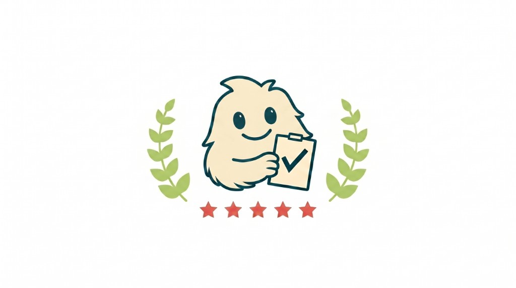 Taskquatch mascot holding a five-star review checklist